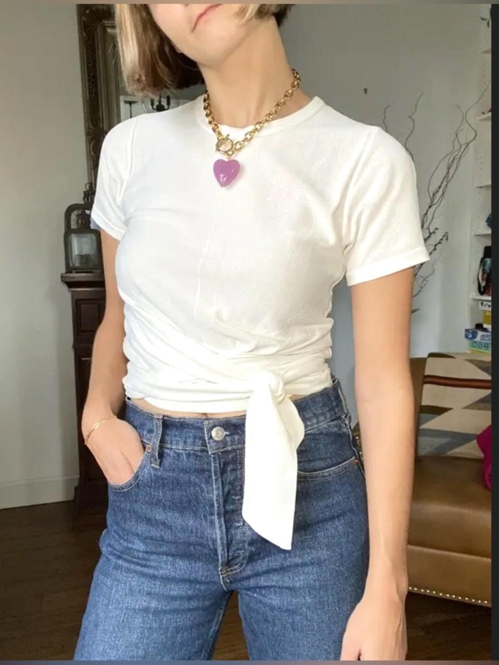 MODERN CITIZEN Jude Cropped Wrap Top Ivory Tie-Front Tee Sz L - Picture 2 of 16